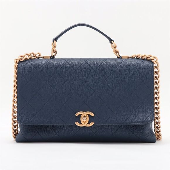 CHANEL Handbags - Chanel Matelasse Caviar Skin 2 Way Handbag Blue Gold Metal Fittings